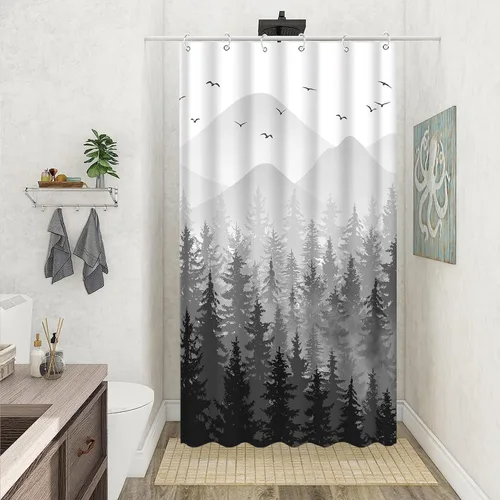 Aipon Cortina de ducha de bosque brumoso negro, color gris, degradado, plantas de árbol natural, cortinas de ducha de tela impermeable, juego de