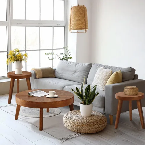 HOKYHOKY Juego de 3 mesas de centro redondas estilo granja, mesas nido de estilo bohemio para sofá, mesas auxiliares con acabado natural de madera