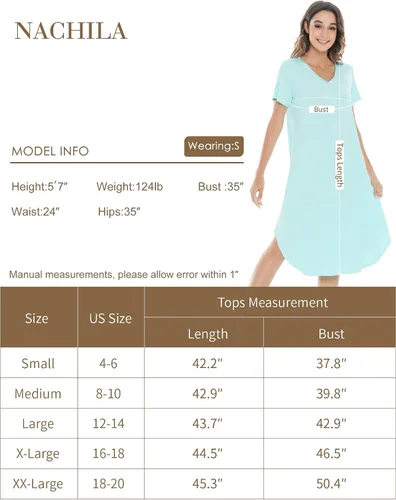 Miniatura 2 de NACHILA Camisones para mujer, viscosa hecha de bambú, cuello en V, manga corta, ropa de dormir fresca