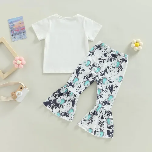 Miniatura 84 de fhutpw Conjunto de camiseta de manga corta con estampado de vaca y pantalones acampanados de dibujos animados para niñas
