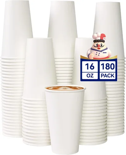 JOLLY CHEF Paquete de 180 tazas de papel de 16 onzas para café, tazas blancas desechables para café, agua, jugo o té, adecuadas para fiestas,