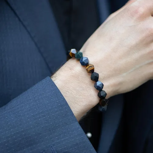 Miniatura 5 de AWNL Pulsera de cuentas multicolores para hombre, piedras naturales, ojo de tigre, ónix, amatista, plata, obsidiana (0.394 pulgadas), trenzada