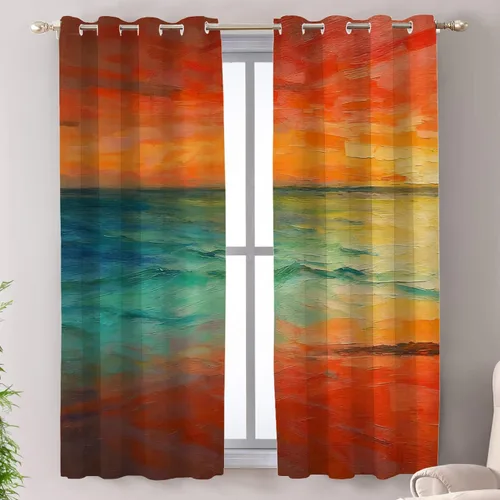 Miniatura 106 de Shrahala Beige and Orange Abstract Art Brushstrokes Blackout Curtain Tiers, Abstract Oil Paint Kitchen Valance Light Blocking Tier Drapes with Rod