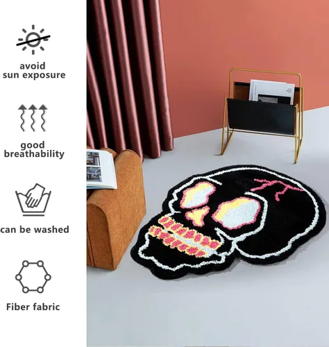 Miniatura 3 de Alfombra de baño negra con diseño de dibujos animados, diseño de calavera divertida, tapete de baño de microfibra, suave, grande, de bienvenida