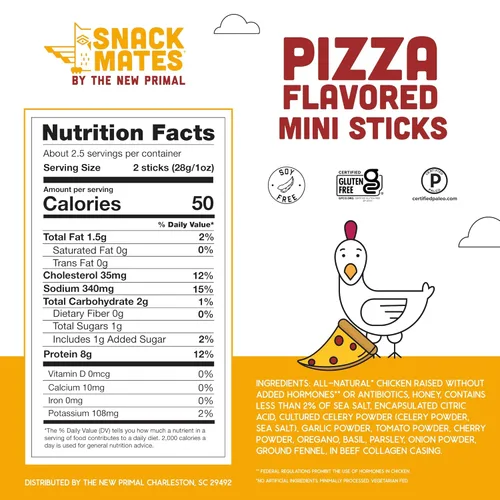 Miniatura 2 de The New Primal Snack Mates Pepperoni Pizza Chicken Sticks, bocadillos saludables sin gluten para niños, bajos en azúcar y altos en proteínas