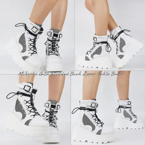 Miniatura 2 de mikarka Botas de plataforma holográfica para mujer con cordones hebilla con tachuelas góticas apiladas botas de combate