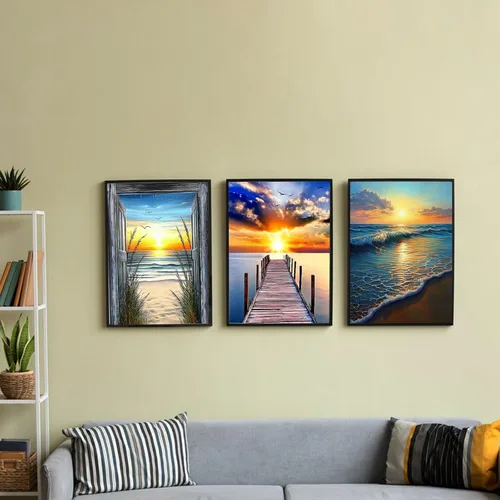 Miniatura 8 de Paquete de 6 kits de pintura de diamantes para adultos principiantes, juegos de arte de diamantes de playa 5D, pintura de amanecer redonda completa