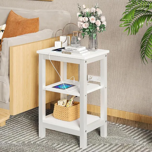 Miniatura 5 de VECELO Mesitas de noche modernas con estación de carga, mesa auxiliar auxiliar con estante de almacenamiento para espacios pequeños, dormitorio