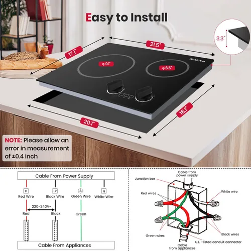 Miniatura 6 de GASLAND Estufa eléctrica de apartamento con 2 quemadores, estufa de vidrio radiante integrada de 21 pulgadas, certificación UL, estufa eléctrica
