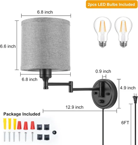 Miniatura 5 de GOODATE Apliques de pared regulables, lámpara de pared con brazo oscilante, juego de dos apliques de pared, lámpara de pared enchufable, juego de 2
