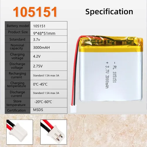 Miniatura 4 de 3.7V 3000mAh 105151 Batería Lipo Recargable de Polímero de Iones de Litio con Conector PH2.0mm JST
