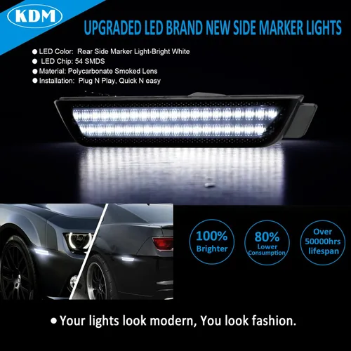 Miniatura 3 de KDM Reflectores LED de Señalización Lateral de Parachoque con Lente Ahumada de Filas Duales en Blanco Brillante, Compatible con 2010 2011 2012 2013