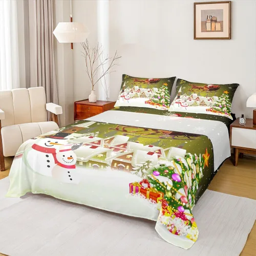 Miniatura 21 de Manfei juego de sábanas de Navidad tamaño completo, juego de ropa de cama con árbol de Navidad en forma de muñeco de nieve para la decoración
