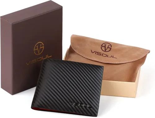 Miniatura 6 de VISOUL Billetera de cuero de fibra de carbono con bloqueo RFID para hombre con 2 ventanas de identificación cartera de cuero para hombre Negro