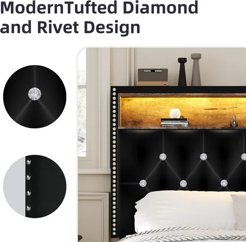 Miniatura 6 de HOMBCK - Base de cama de tamaño matrimonial con estación de carga y cabecera de almacenamiento, marco de cama tapizado de terciopelo con luces LED