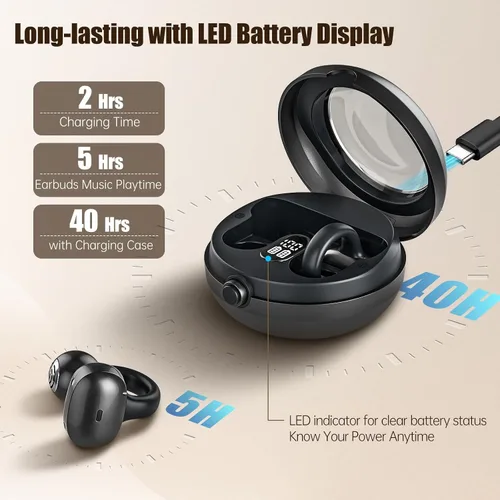 Miniatura 4 de Auriculares de oreja abierta, auriculares Bluetooth 5.4 con clip, auriculares estéreo inalámbricos de 40 horas de reproducción con pantalla digital