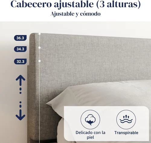 Miniatura 4 de Allewie - Base de cama Queen con cabecero tapizado ajustable, cama plataforma con listones de madera, base de colchón resistente, no necesita Gris