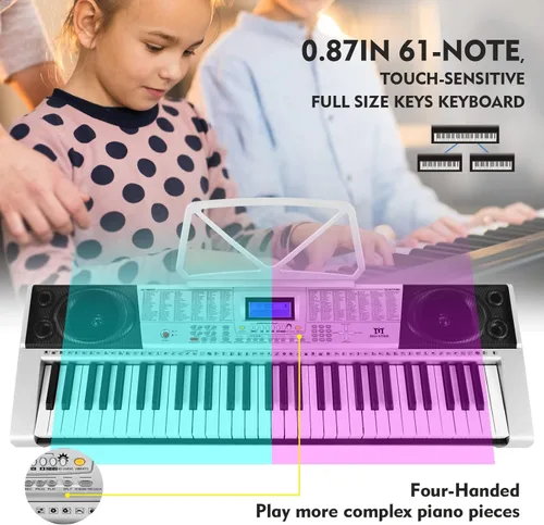 Miniatura 8 de MUSTAR Teclado de Piano de 61 Teclas, Teclado de Piano Eléctrico MEKS-400 con Teclas Iluminadas, Teclados de Piano de Aprendizaje para Plateado