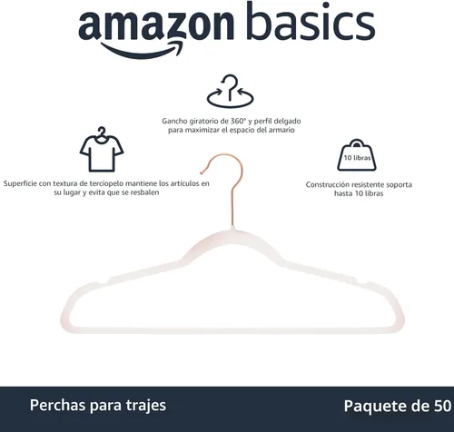 Miniatura 2 de Amazon Basics Perchas de terciopelo delgadas antideslizantes para trajes, paquete de 50, rosa rubor/oro rosa