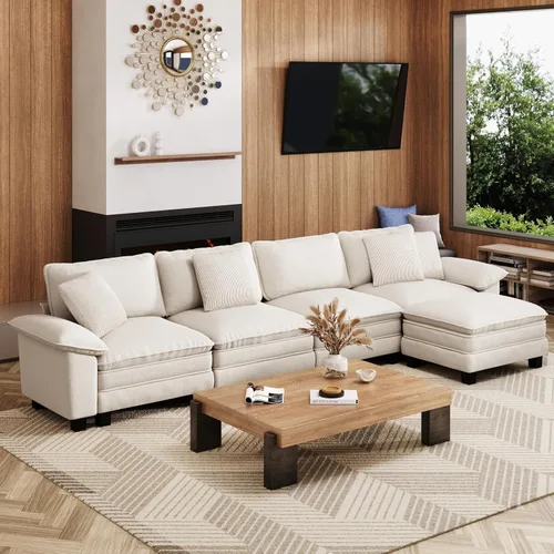 Miniatura 26 de MIXPATIO Sofá modular en forma de L de 123 pulgadas con cojines de nube, juego de sofá modular de asiento profundo con 4 asientos y 1 otomana, Gris