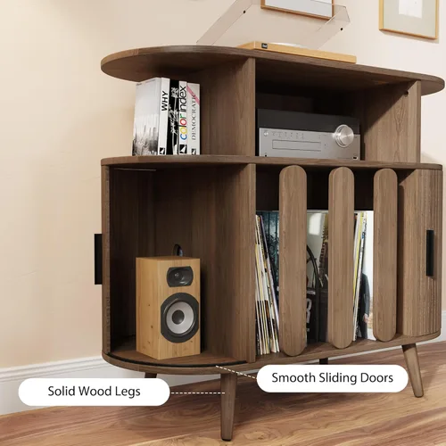 Miniatura 5 de Soporte grande para tocadiscos de 35.5 pulgadas con estación de carga, gabinete de almacenamiento de discos de vinilo, moderno soporte