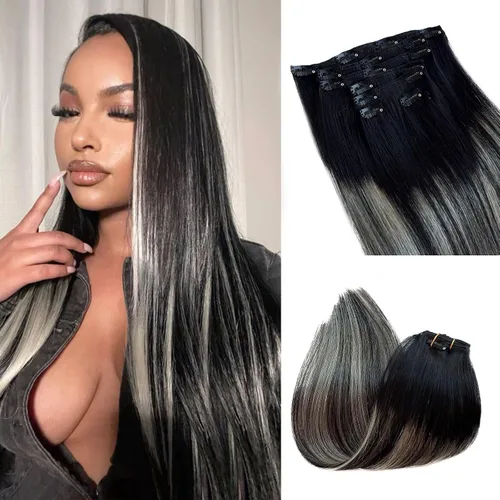 Miniatura 14 de Extensiones de cabello rubio ceniza con reflejos, extensiones de cabello humano real con clip, de 12 pulgadas, 2.47 onzas, doble trama, invisible