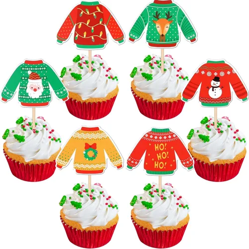 Miniatura 8 de Paquete de 24 Adornos para Cupcakes de Feliz Navidad, Adornos para Cupcakes para Revelación de Género, Adornos para Cupcakes de Árbol de Navidad, 5
