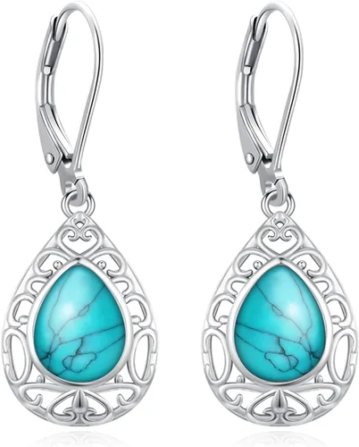 Miniatura 227 de Aretes colgantes de plata de ley con diseño de árbol de la vida, flor, abeja, animales, gato, colibrí, piedra lunar, turquesa, aretes con cierre