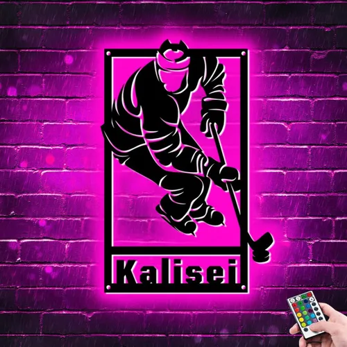 Miniatura 10 de Arte de pared de hockey con nombre y número personalizado, letrero de metal personalizado para jugador de hockey con luz LED, letrero de neón