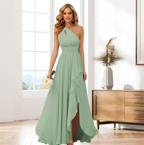 Miniatura 4 de Vestidos de dama de honor de gasa de un hombro con abertura para boda con volantes vestido formal