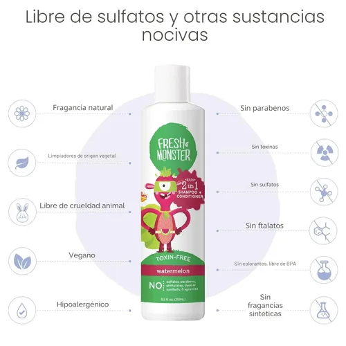Miniatura 4 de Fresh Monster Champú y Acondicionador 2 en 1 para niños, sin toxinas, hipoalergénico, champú y acondicionador sin lágrimas para niños, sandía