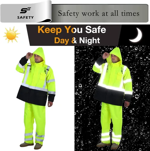 Miniatura 3 de sesafety Chaqueta de Lluvia de Alta Visibilidad, Trajes de Lluvia para Hombres Impermeables con Fondo Negro, Abrigos de Lluvia para Hombres