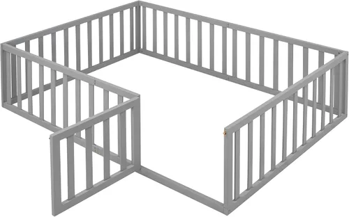 Miniatura 4 de Cama de suelo para niños, marco de cama Montessori de tamaño matrimonial con barandillas de valla para niños, camas de madera para niños y niñas