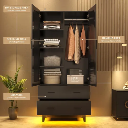 Miniatura 6 de Hlivelood Armario Ropero Closet de 2 Puertas con Espejo, Cajones y Luces LED, Estantes de Múltiples Niveles, Barra Colgante y 2 Puertas de Persiana