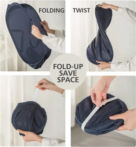 Miniatura 6 de HONOMA Cesta de malla resistente para lavandería, cesta desplegable con bolsillo lateral para cuarto de servicio, baño, habitación de los niños, Gris