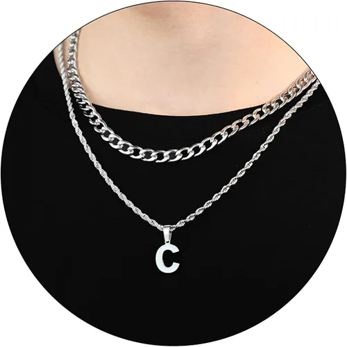 Miniatura 36 de SENRAN Collar con inicial en capas de la A a la Z para hombre, cadena de cuerda torcida de acero inoxidable de 18 a 20 pulgadas, dije de letra