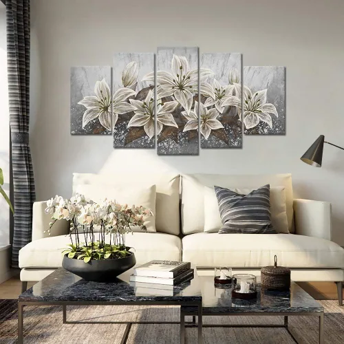 Miniatura 2 de SkenoArt 5 paneles de flores de lirio, arte de pared de lirio gris, marrón, blanco, decoración de pared, arte de pared de lirio floreciente