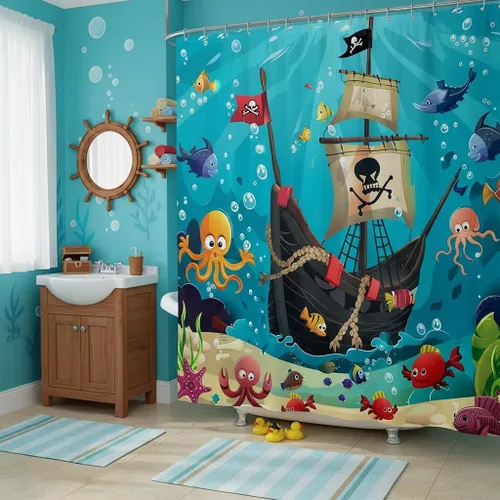 Miniatura 26 de Cortina de ducha de barco pirata de dibujos animados, 72 pulgadas de ancho x 72 pulgadas de largo, bonito sombrero pirata, bandera de calavera