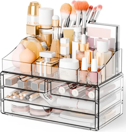 Miniatura 8 de Yieach Organizadores de maquillaje acrílico para mostrador, escritorio y tocador, paquete de 2 organizadores apilables para encimera de baño