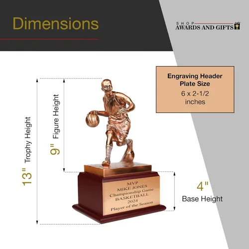 Miniatura 5 de SHOP AWARDS AND GIFTS Figura masculina de baloncesto de 13 pulgadas, trofeo de campeonato de bronce antiguo galvanizado, incluye personalización