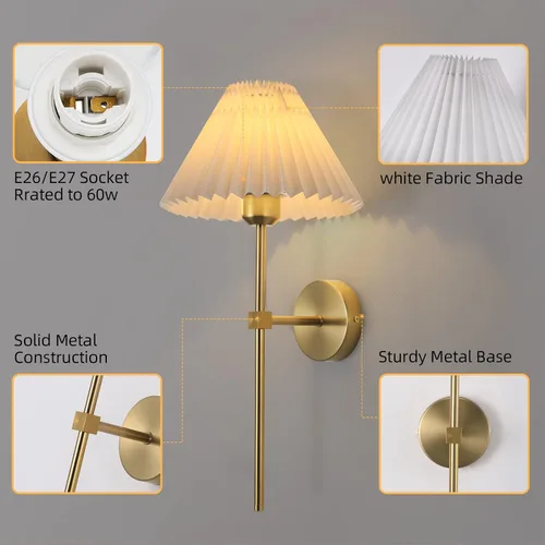 Miniatura 4 de KELUOLY Apliques de Pared Juego de 2 Pantalla de Tela Blanca Lámpara de Pared Dorada Soporte de Ménsula de Columna Iluminación de Pared Baño Tocador