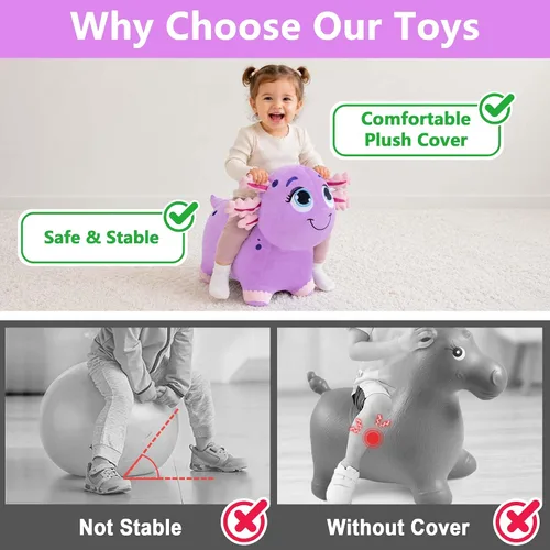 Miniatura 4 de Bouncy Pals Caballo saltador de ajolote morado, tolva inflable de animales para niñas pequeñas, juguete de salto al aire libre para niños, juguete