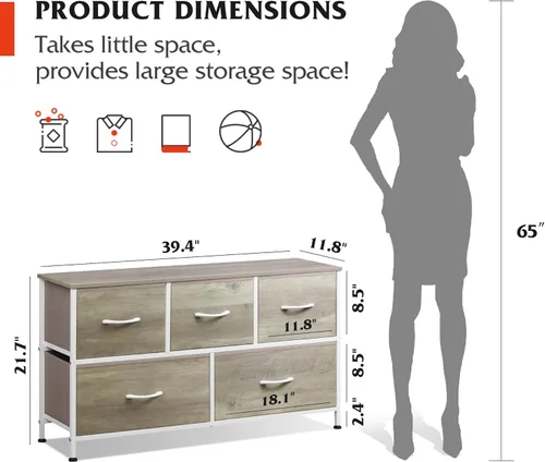 Miniatura 3 de WLIVE - Cómoda para dormitorio con 5 cajones, cómoda ancha de tela, torre organizadora de almacenamiento con cajones de tela para armario, sala