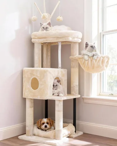Miniatura 13 de Heybly Árbol de Gato con Cepillo Auto-Limpieza, Torre de Gato para Interior con Nido Acolchado, Casa de Gato con Cesta, Tabla de Rascar y Poste