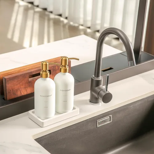 Miniatura 2 de Prus Waso Juego de dispensador de jabón dorado, dispensador de jabón de vidrio con bomba de acero inoxidable, perfecto para decoración moderna