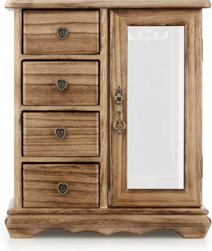 RR ROUND RICH DESIGN Joyero de madera maciza para maquillaje y organizador de anillos para mujer, con 4 cajones integrados, carrusel de collar y