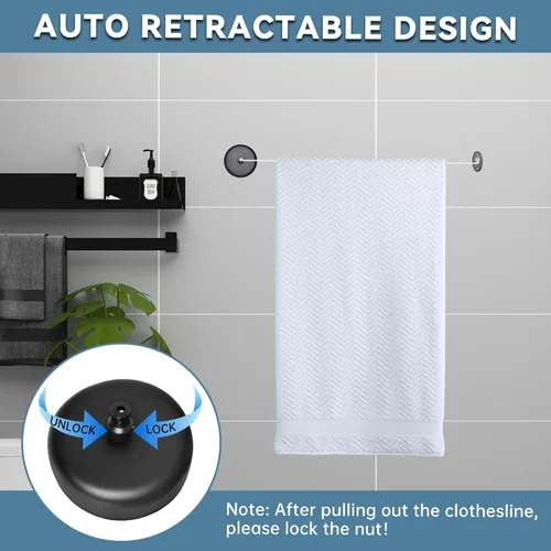 Miniatura 3 de SUS304 Tendedero retráctil con cuerda de ropa de nylon ajustable para cuarto de baño Lavandería Hoteles (negro)