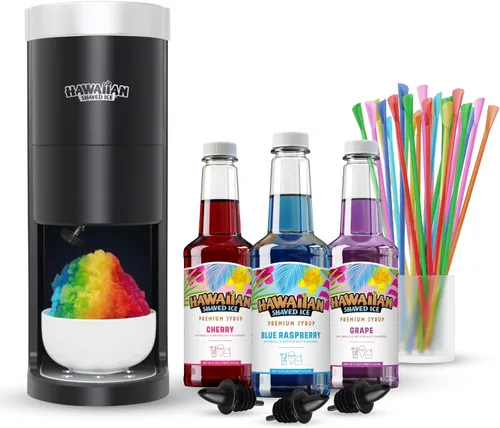 Hawaiian Shaved Ice HomePro Kit de máquina de hielo afeitado, 3-16 onzas. Sabores de jarabe de cereza, uva, frambuesa azul, 50 pajitas de cuchara, 3