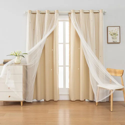 Miniatura 5 de FANLI 2 paneles de cortinas opacas de estrellas para dormitorio de niñas, sala de estar, rayas oscurecedoras, doble capa, estrellas caladas