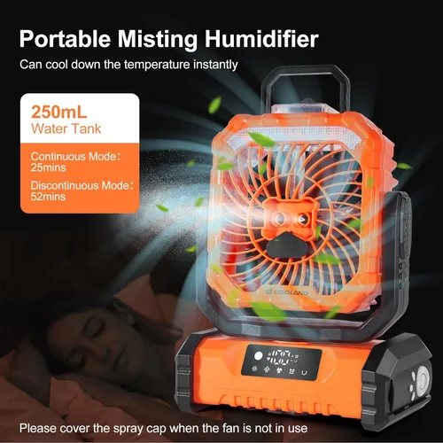 Miniatura 4 de Odoland Ventilador de nebulización portátil con luz, batería recargable de 30000 mAh, ventilador de campamento con 2 pulverizadores, ventilador